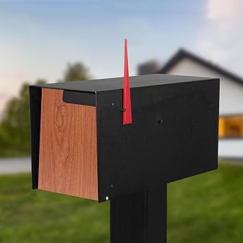 Ilyapa Modern Mailbox Post Mount - 21x8x10 Inch Black Modern Mailboxes for Outside - Heavy Duty Metal Mail Box with Printed Redwood Grain Trim