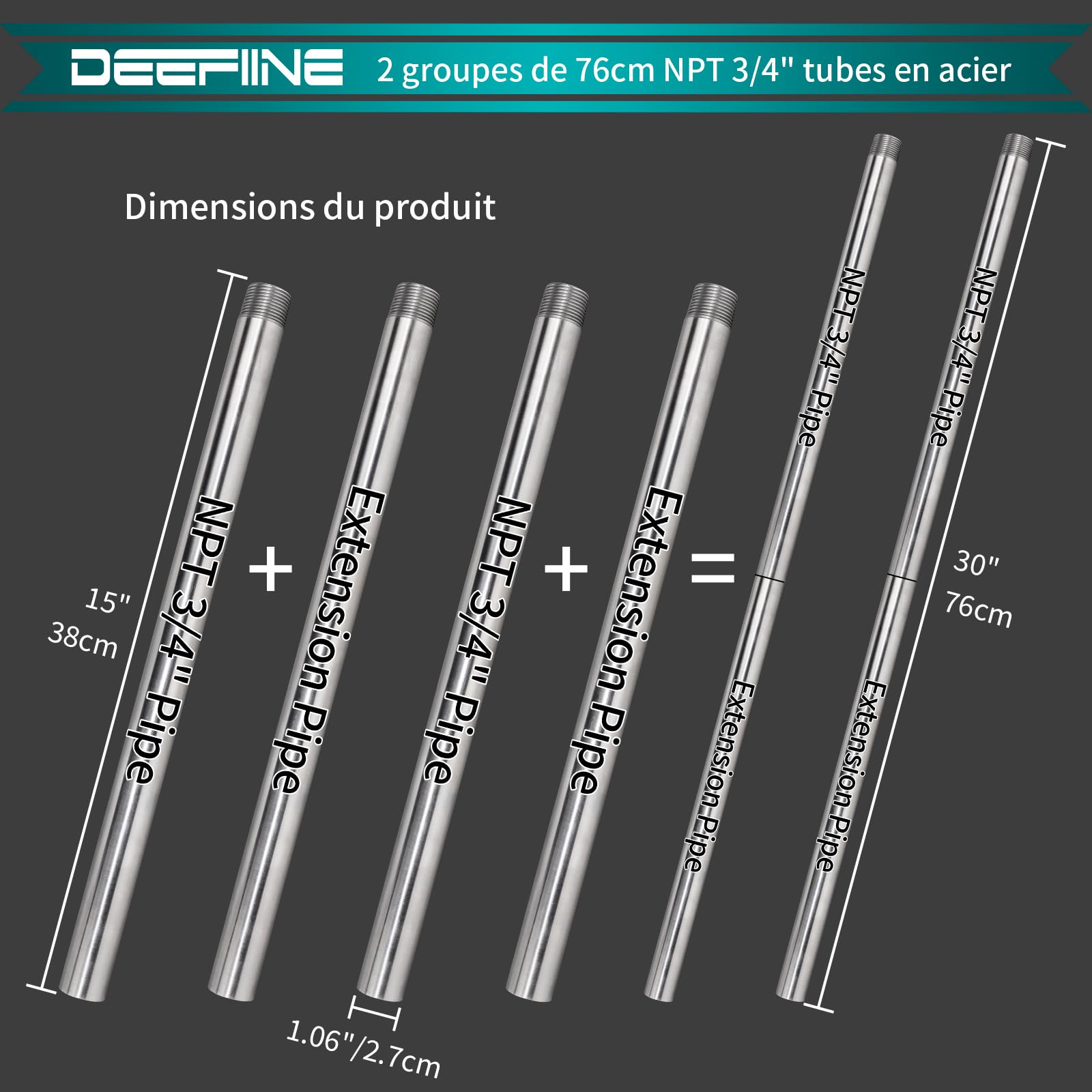 2 pièces 76cm 3/4 pouces mâle carte manchon Casting tube de tuyauterie en acier inoxydable avec tuyau d'extension de 76cm
