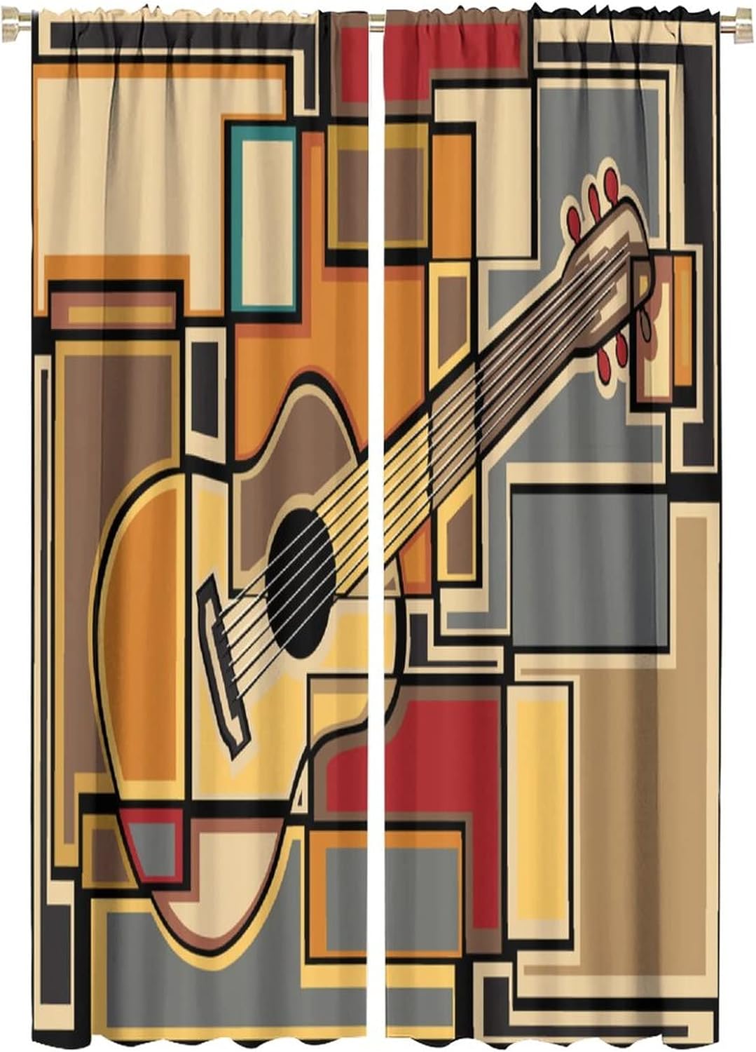 Guitar Blackout Window Curtains Music Theme Window Treatments Geometric Gird Print Window Drapes for Living Room Bedroom Window Curtain Drapes 2 Panels 42x63in
