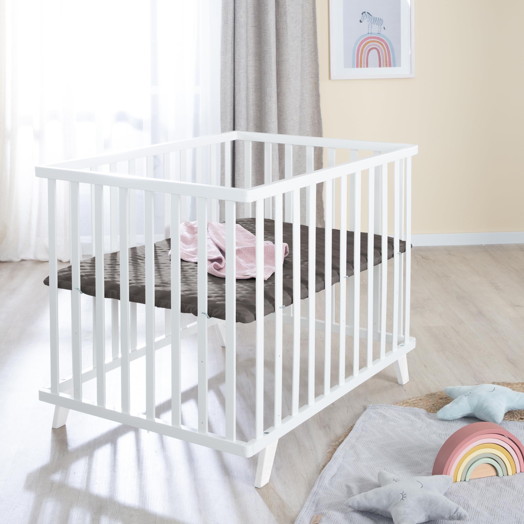 roba Kojec dla niemowląt 75 x 100 cm, z drewna, biały, z wkładką ochronną, pikowany, z regulacją wysokości, nóżki z litego drewna