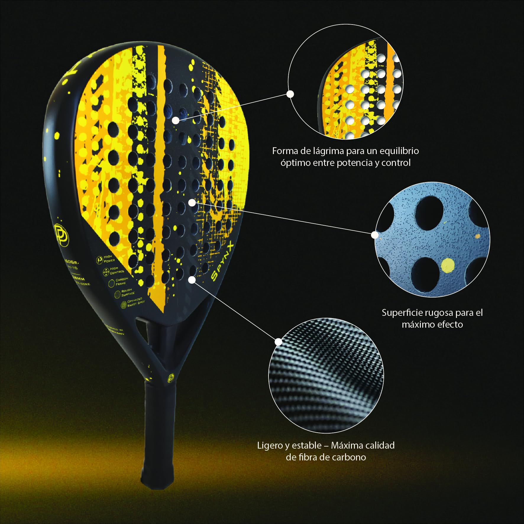 SpynX - Pala de Padel 100% Fibra de Carbono, Superficie Especial para Mayor Efecto, Raqueta de Paddle Tennis - Hombres y Mujeres - 360g Ligera y Duradera - Funda Protectora incluida