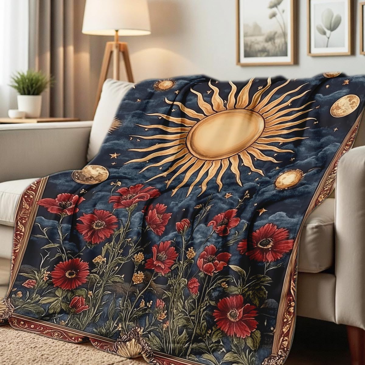 Celestial Throw Blanket for Couch Bed Sun Moon Floral Print Flannel Blanket Celestial Gifts Astrology Throw Mystical Bedroom Home Decor (49"x59")