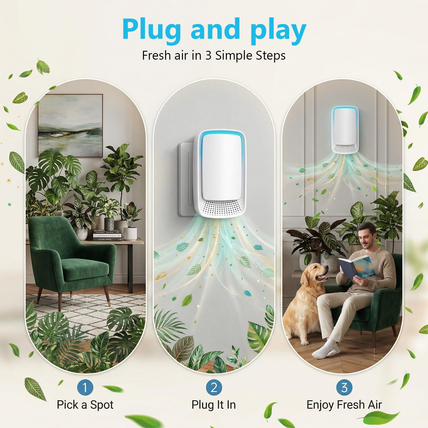 Jostart Ionisateur Purificateur d'air chambre à coucher, Lot de 3 Purificateurs D'air à ions Négatifs à Brancher pour Appartements Salles Fumeurs Toilettes pour Animaux Domestiques Bureaux