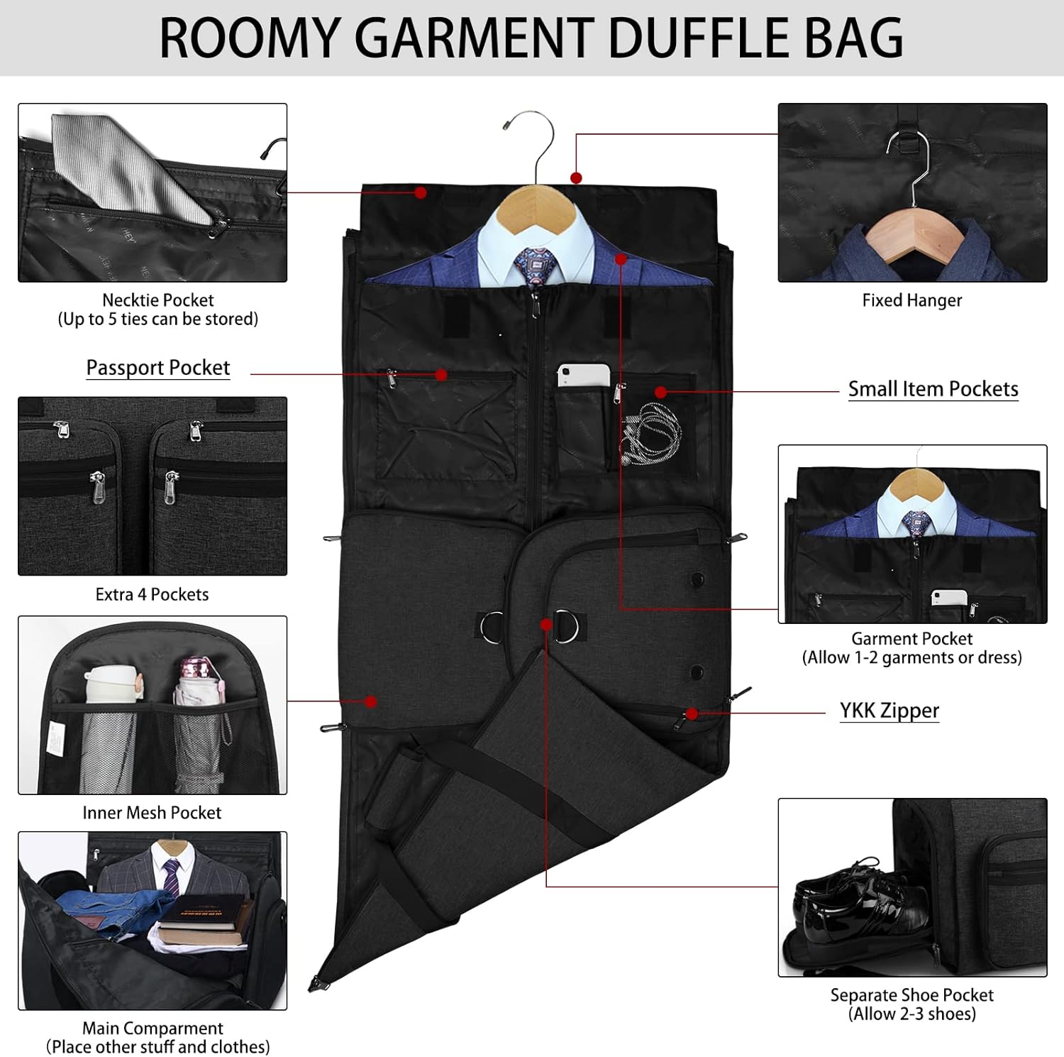 review Carry On Garment Bags for Travel Waterproof Hangable Suit Bag 2 in 1 Convertible Garment Duffle Bag with Toiletry Bag Large Travel Weekender Bag with Shoe Compartment for Men, Black