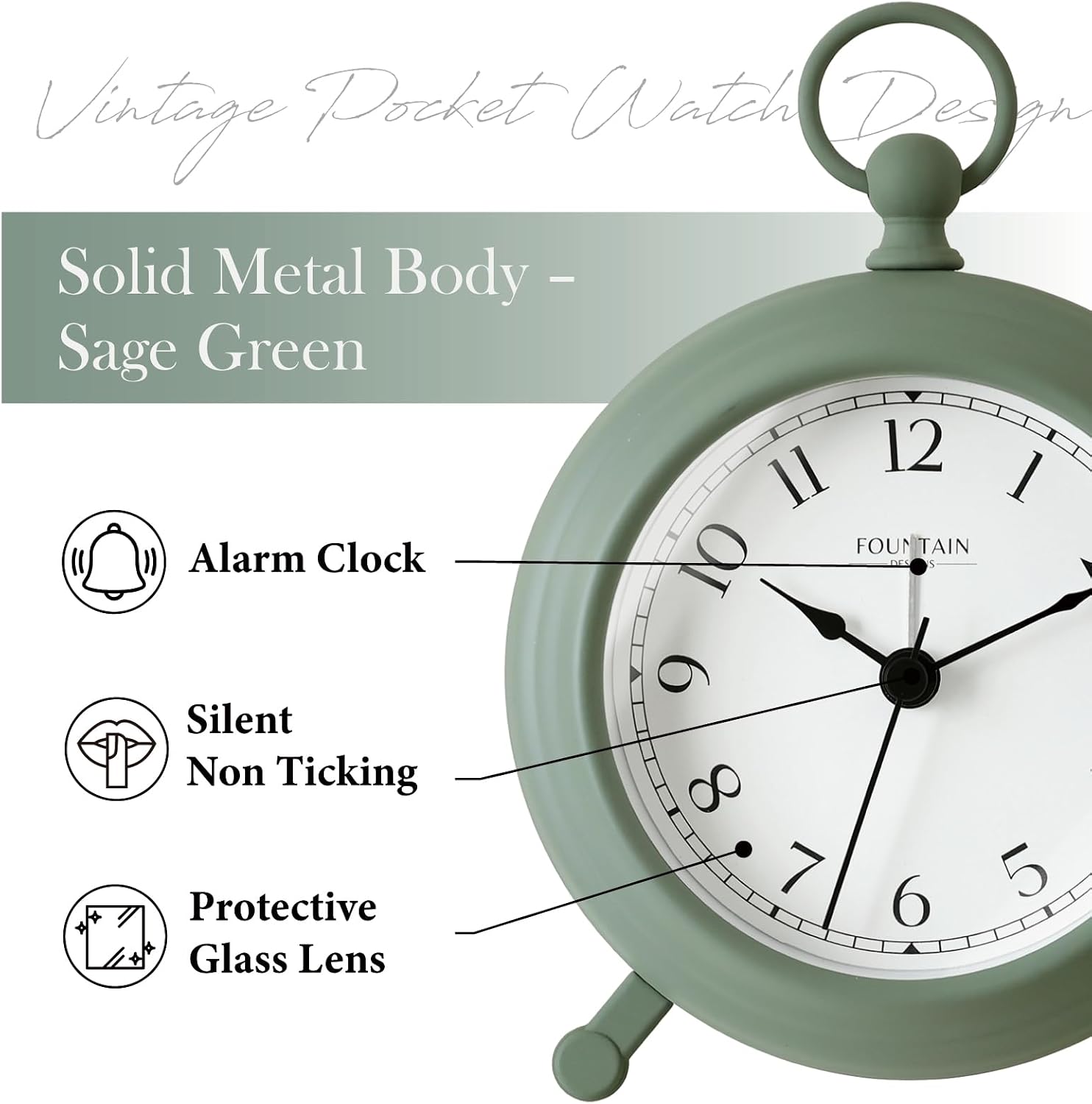 5.4" Jensen Pocket Watch Analog Alarm Clock,Sage Green | Durable Metal, Silent Non Ticking, Loud Desk & Shelf Alarm Clocks for Bedroom,Home Office, Mantel & Living Room