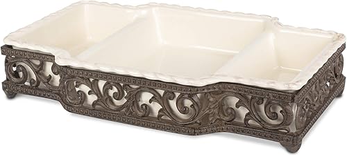 Servidor de gres crema de 3 piezas en base de hoja de acanto metálico.