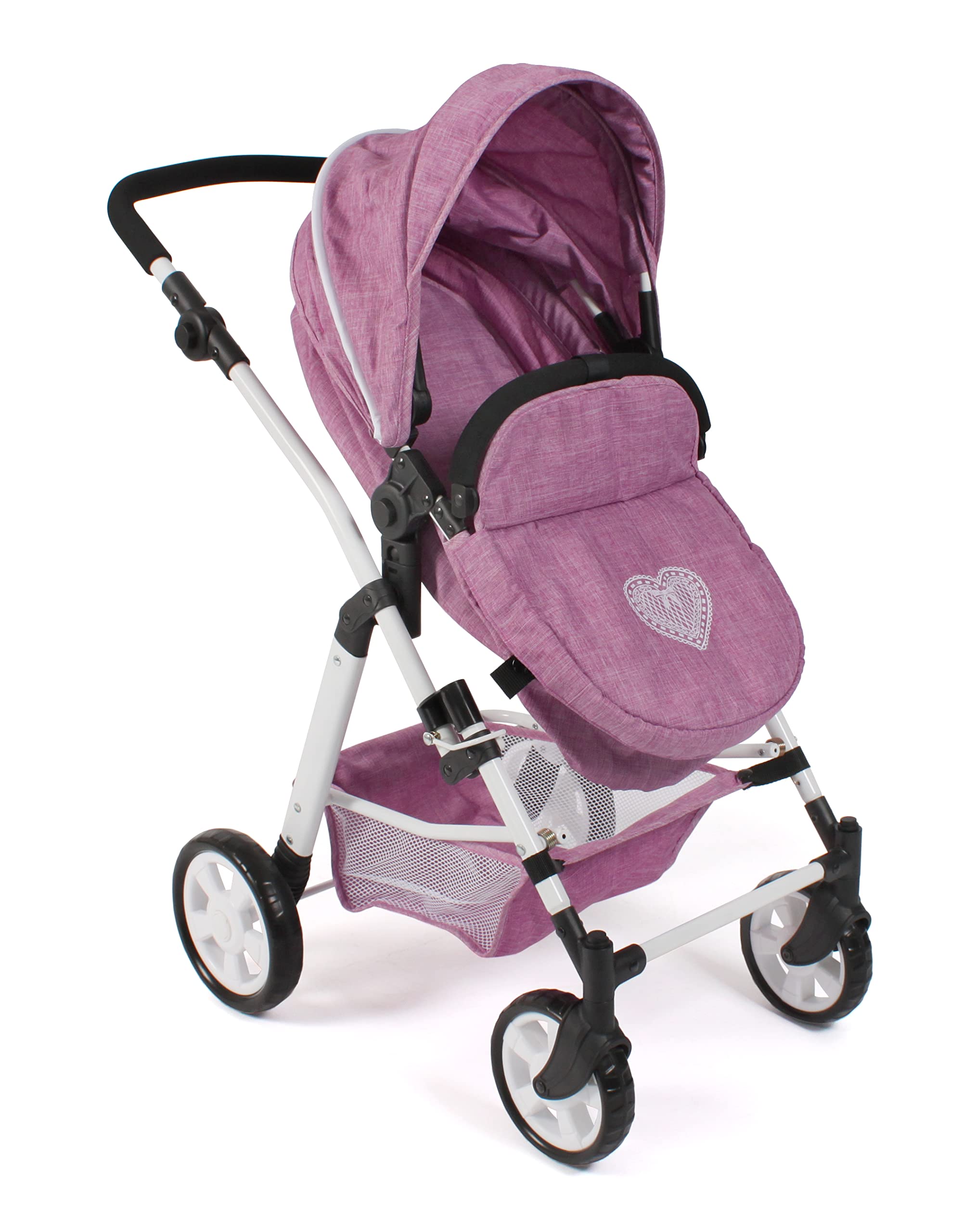 Bayer Chic 2000 - Cochecito de muñecas Nele, 2 en 1 para niños de 3 a 8 años, Carrito para muñecas con bañera Convertible, Cochecito para muñecas de hasta 50 cm de tamaño, Color Rosa Vaquero