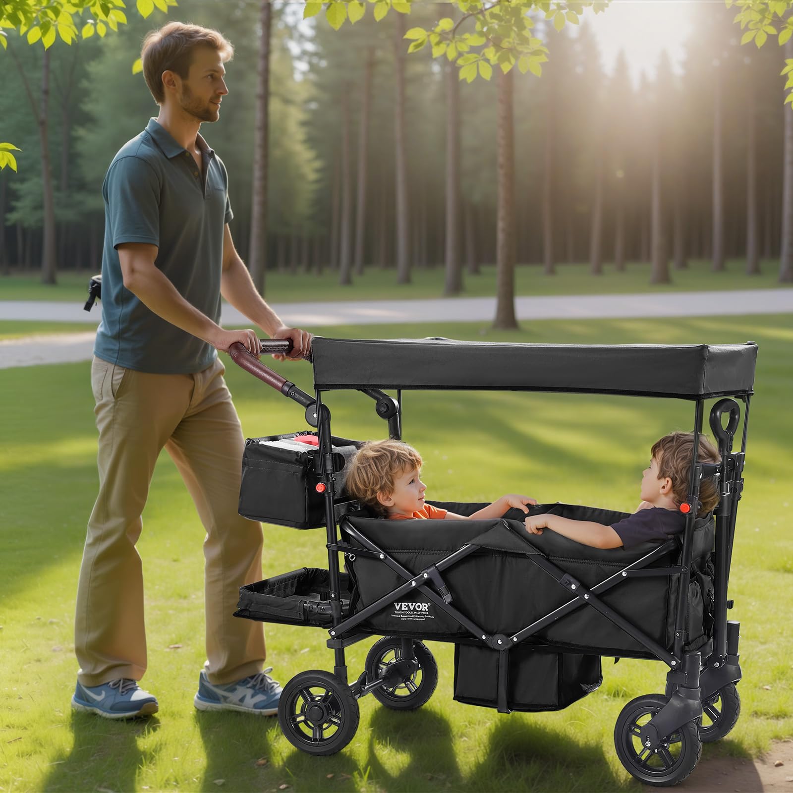 VEVOR Passeggino Wagon per 2 Bambini Pieghevole con Maniglia Regolabile, Tettuccio Rimovibile, Imbracatura Circolare, 4 Ruote con Freni, Multifunzione per Campeggio, Nero