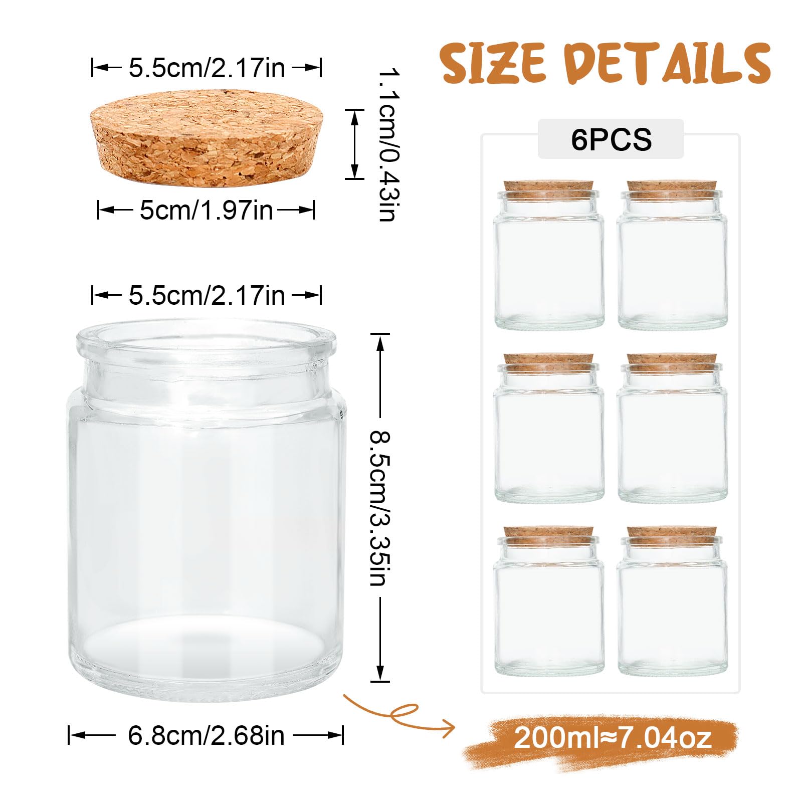 Acetiti 6 Pack 7 oz Glass Jars with Cork Stopper Lids - Image 2