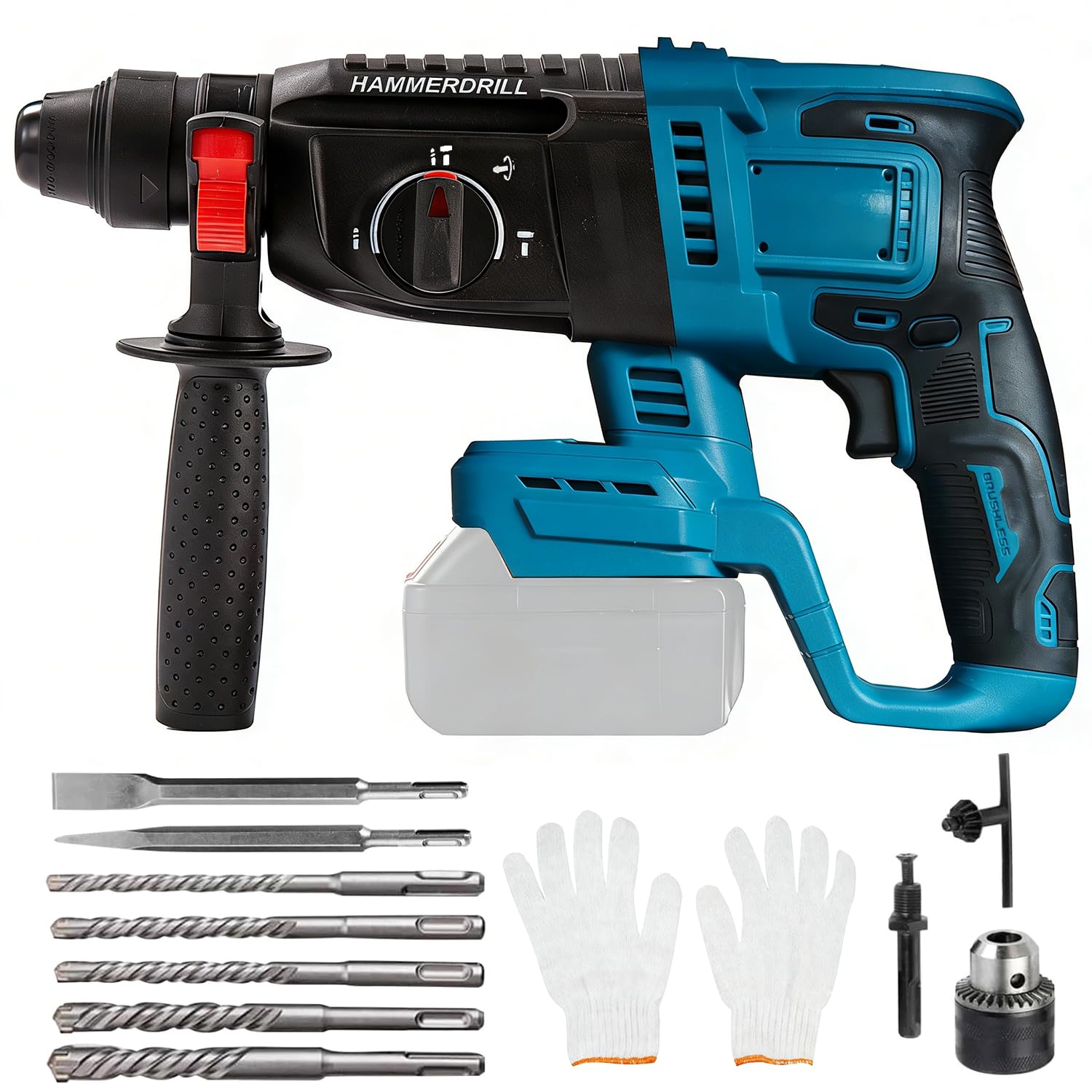 Martillo perforador para batería Makita de 18 V, taladro de impacto sin escobillas 3 en 1 con 7 brocas piezas, guantes, 3 modos de funcionamiento, agarre antivibración y embrague de seguridad (sin