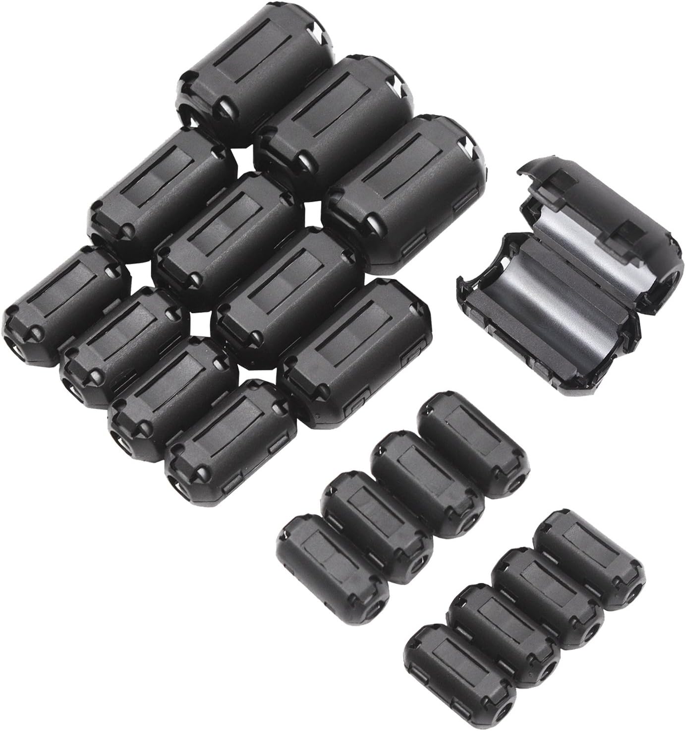 20 Pieces Clip-on Ferrite Ring Cores, RFI EMI Noise Suppressor Cable Clip for 3mm/ 5mm/ 7mm/ 9mm/ 13mm Diameter Led Light Radio Static, Black Noise Filter Clip