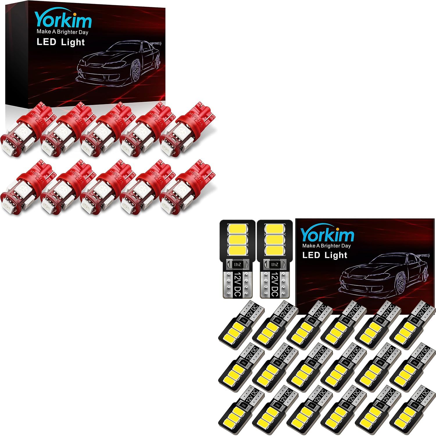 Yorkim 194 LED Bulbs Red 10PCS and 194 LED Bulb White 20PCS