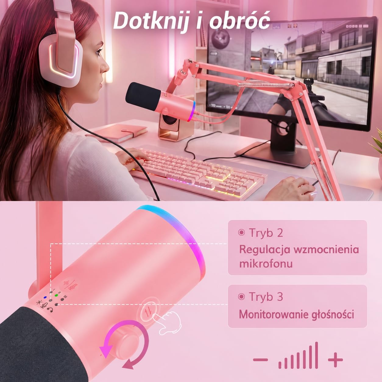 TONOR Dynamiczny mikrofon do gier, mikrofon XLR/USB do strumieniowego przesyłania, redukcja szumów AI, sterowany RGB, wyciszenie, gniazdo słuchawkowe 3,5 mm, mikrofon z ramieniem szubienicowym, różowy