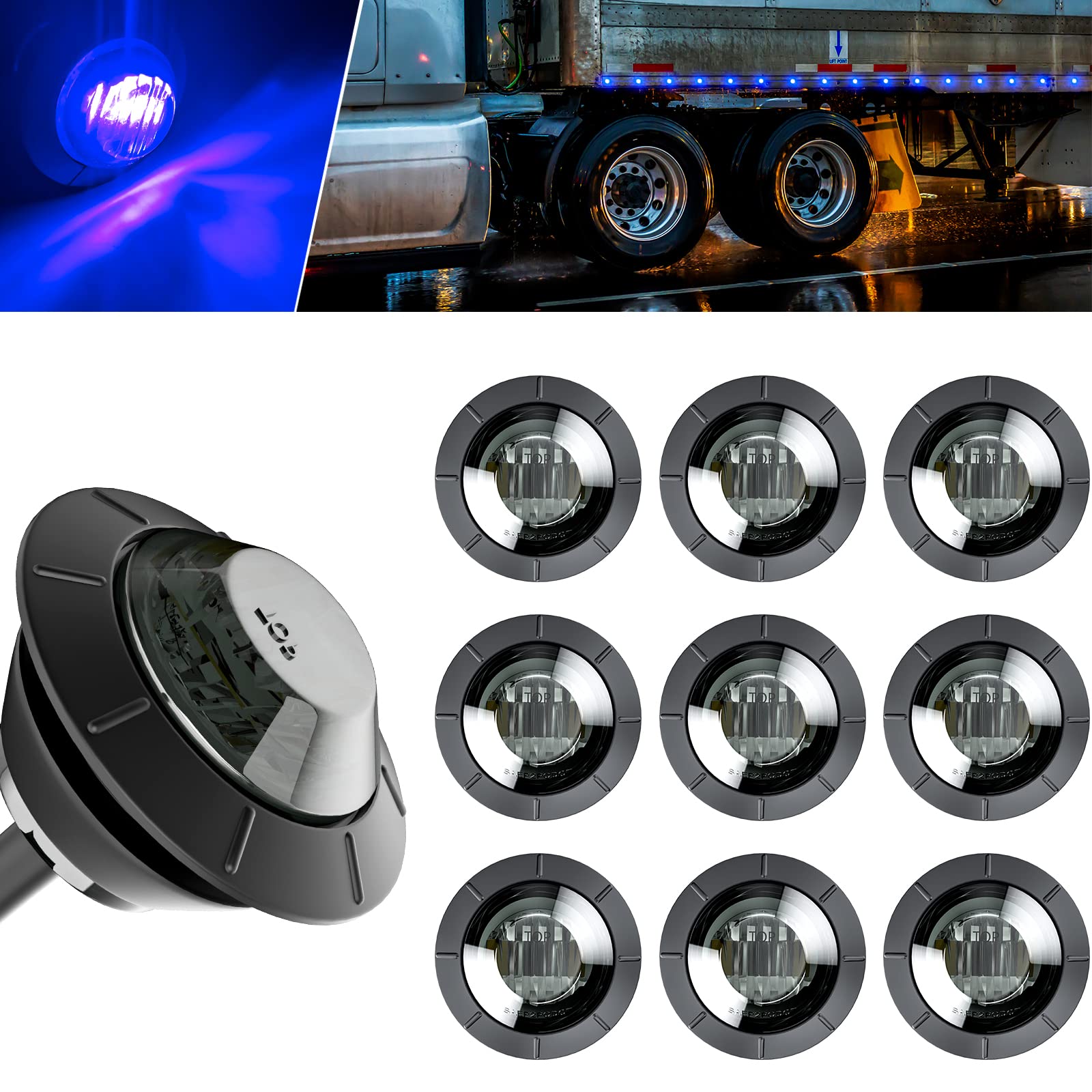 BJZ 3/4'' LED Trailer Marker Clearance Lights Blue Round 12V LED Side Marker Front Rear Running Signal Tail Indicator Light Waterproof for Trailer Truck ATV UTV RV Van Pickup, 10Pcs w/Smoked Lens