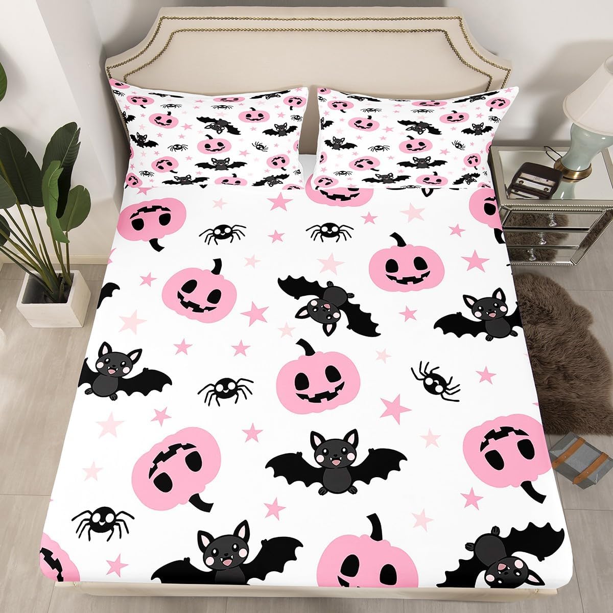 Erosebridal Cute Ghost Fitted Sheet Gothic Bed Sheets Full,Cartoon Pumpkin Lantern Halloween Sheets Yellow White Orange Spooky Silhouette Witch Hat Bedding Set,Kawaii Room Decor