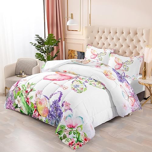 Miniatura 2 de Juego de edredón de mariposa tamaño individual, juego de ropa de cama de flores y mariposas para niñas, juego de edredón floral de mariposas, juego