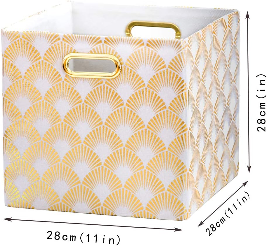 BAIST Cubby Storage Bins 11x11 Cube Storage Organizer Foldable Fabric Storage Cubes Big Canvas Storage Bins with Metal Handles for Nursery Shelf Bedroom Closet Toys Foods (2-Pack, Fan Gold)