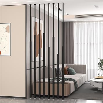 8 Pcs Wall Partition Room Divider Floor to Ceiling Metal Post Privacy Screens Privacy Screens Columnar with Adjustable Feet Simple Modern Entrance Restaurant Office Decor ColumnBlack,225cm/88.5in/7.3