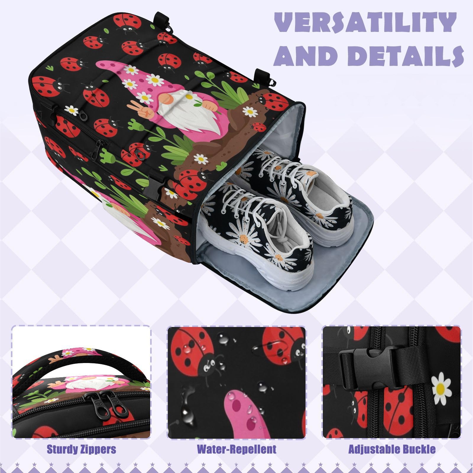 Mały plecak podróżny niezbędnik do samolotów 20 l | Lekka torba na laptopa Peace Love Gnome Lady Bugs Travel Essentials dla kobiet praca bolso para laptop 20L