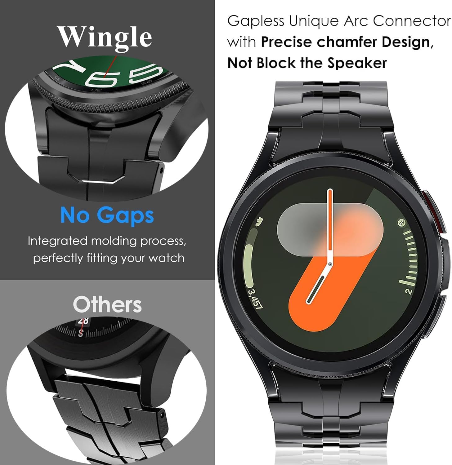 WINGLE Metal Bands for Samsung Galaxy Watch 7 6 5 4 Band Galaxy Watch 6 Classic/5 Pro/4 Classic/FE Band Men 47mm 43mm 45mm 44mm 40mm 46mm 42mm, No Gap Solid Stainless Steel Link Bracelet, Black - Image 3