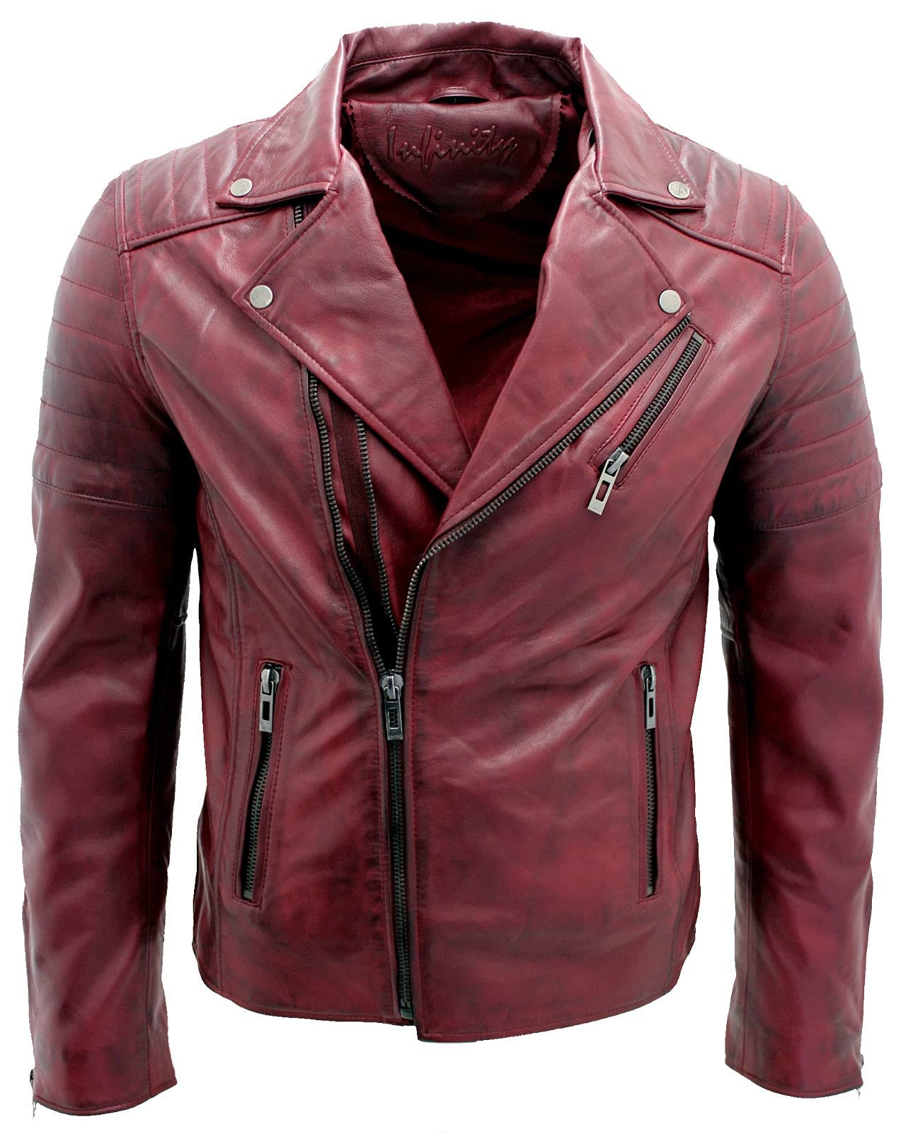 Infinity Leather Giacca da Uomo in 100% Pelle con Doppia Zip Incrociata Stile Motociclista Brando Slim Fit