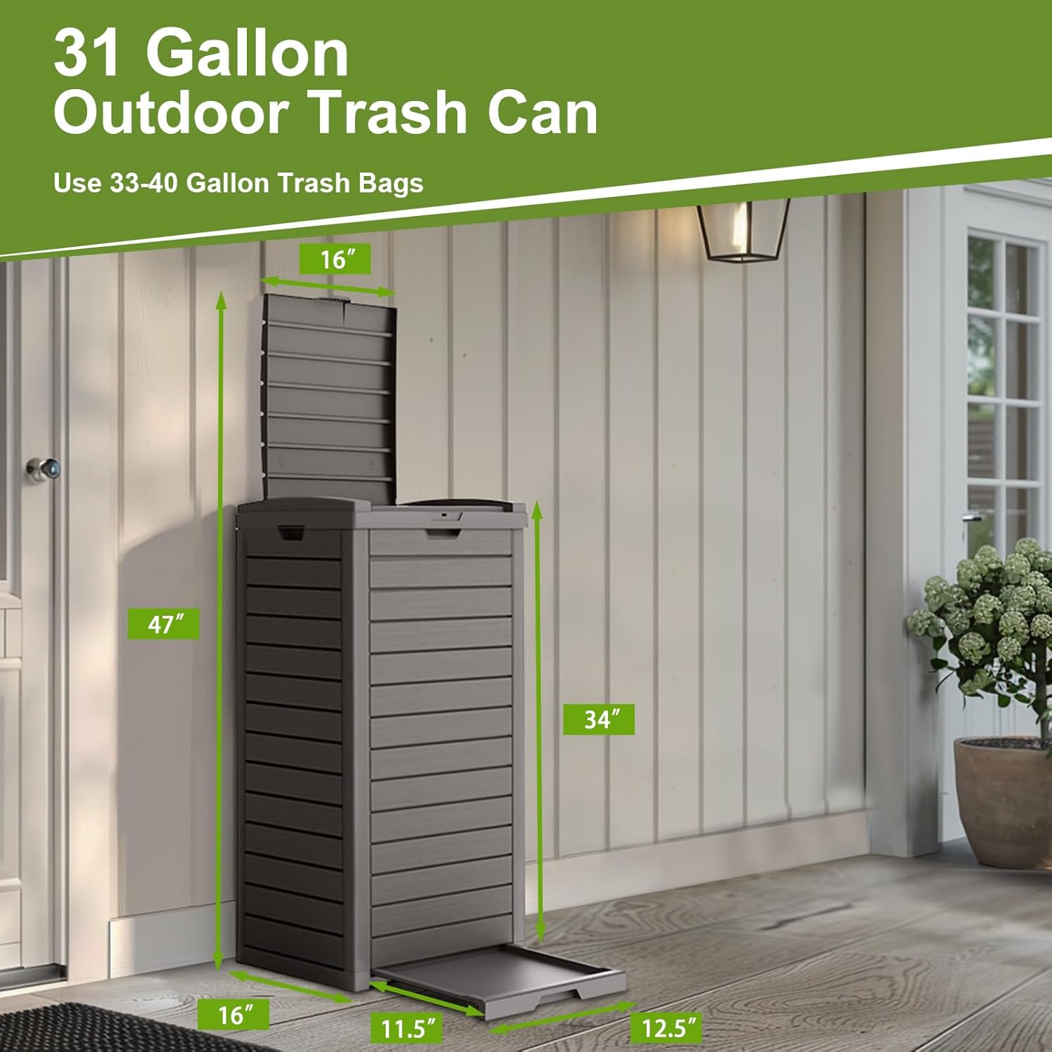 EasyUp Outdoor Trash Can, Waterproof Resin Garbage Can, Durable and Stylish Waste Bin for Kitchen, Garden, Deck (Grey, 31 Gal)