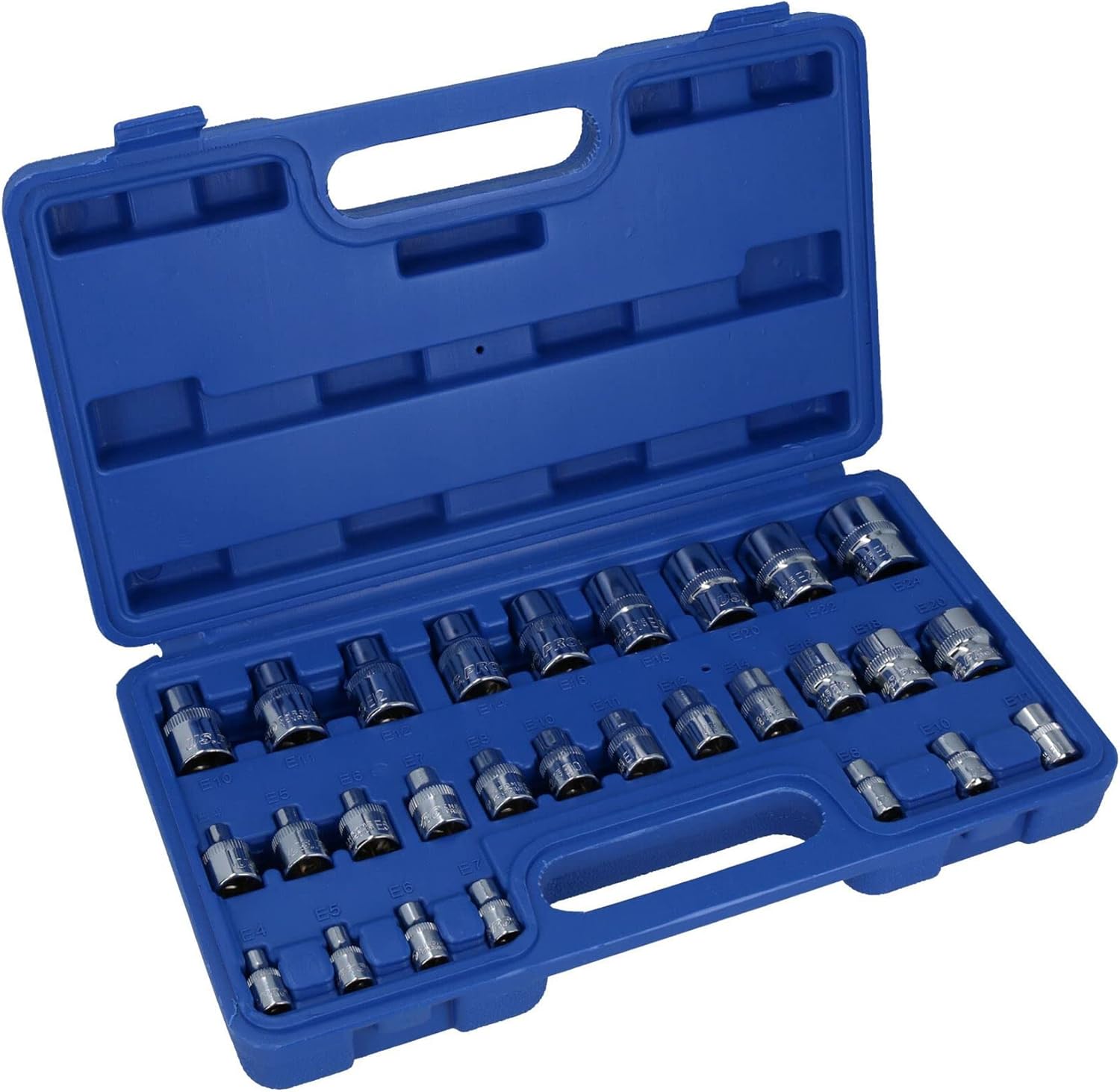 Female Star Torx E Sockets Mixed Drive Set E4 - E24 28pc 1/4" 3/8" and 1/2"