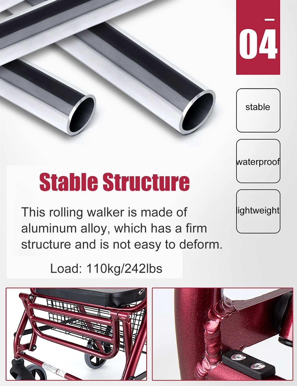 Andador rodante rojo con pie y asiento y cesta y frenos, carrito plegable para mujeres mayores con ruedas todo terreno, decoración de altura ajustable Safehappy