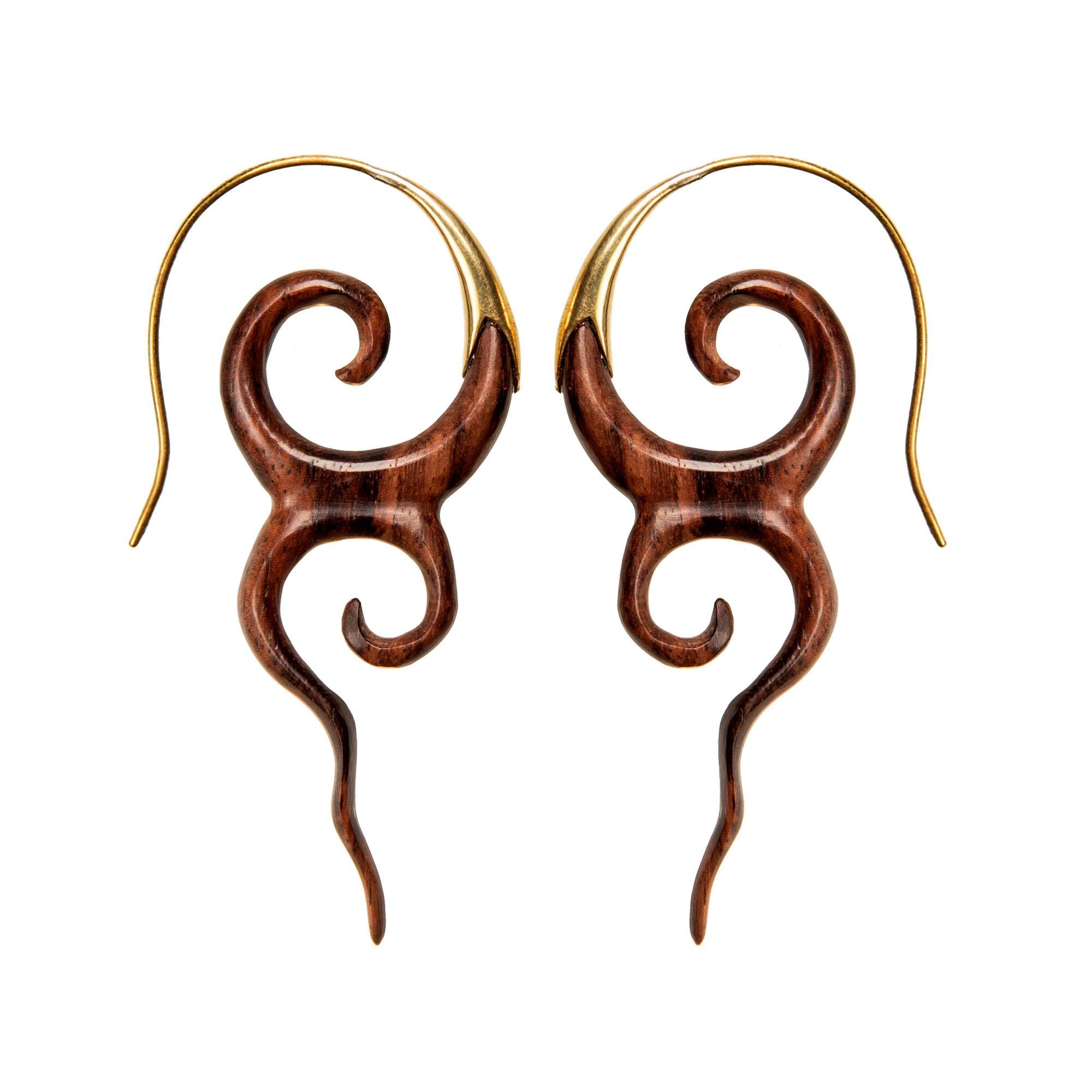 81stgeneration Orecchini a Doppia Spirale in Legno con Ganci in Ottone Dorato | Orecchini Pendenti in Legno | Orecchini Tribali Marroni Fatti a Mano per Donna | Gioielli Boho Beach Festival