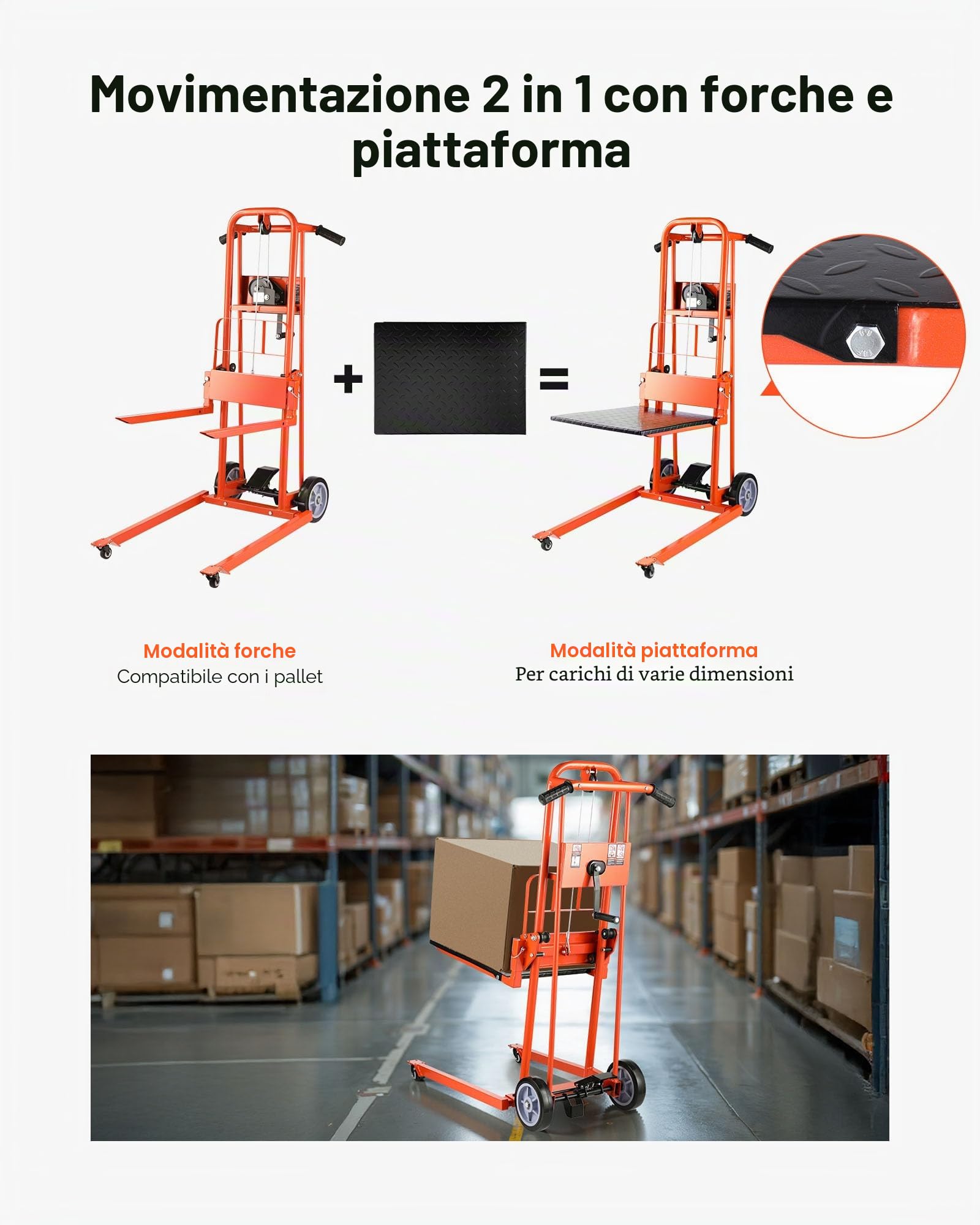 VEVOR Carrello Elevatore a Verricello, con Capacità di 150 kg, Altezza di Sollevamento di 109 cm, Carrello Elevatore a Transpallet Manuale con Ruote Girevoli e Piastra di Sollevamento
