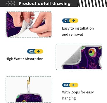 Kitchen Faucet Mat Cartoon Eyes Spider Webs Sink Faucet Dish Drying Mat 2 PCS Sink Protectors pad Splash Guard Drip Catcher Absorbent for Bathroom Counter RV 23x5 in