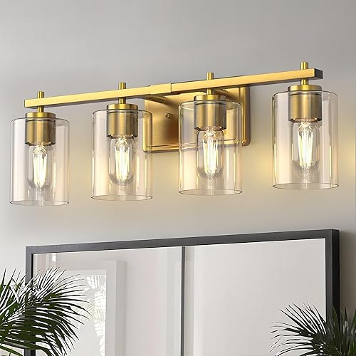 Miniatura 13 de DORESshop Lámpara de tocador de baño de 4 luces sobre el espejo, lámparas de baño negro mate con pantallas de vidrio transparente, luces modernas