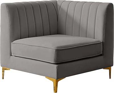 Meridian Furniture Alina Collection Velvet Upholstered Modular Chair with Deep Channel Tufting, Corner, Grey