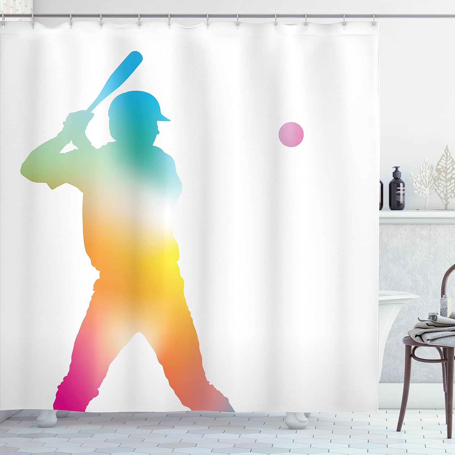 Ambesonne Baseball Shower Curtain, Colorful Reflection of Baseball Player Batter Softball Hitter Swinging Arms Print, Cloth Fabric Bathroom Decor Set with Hooks, 69" W x 70" L, White Multicolor
