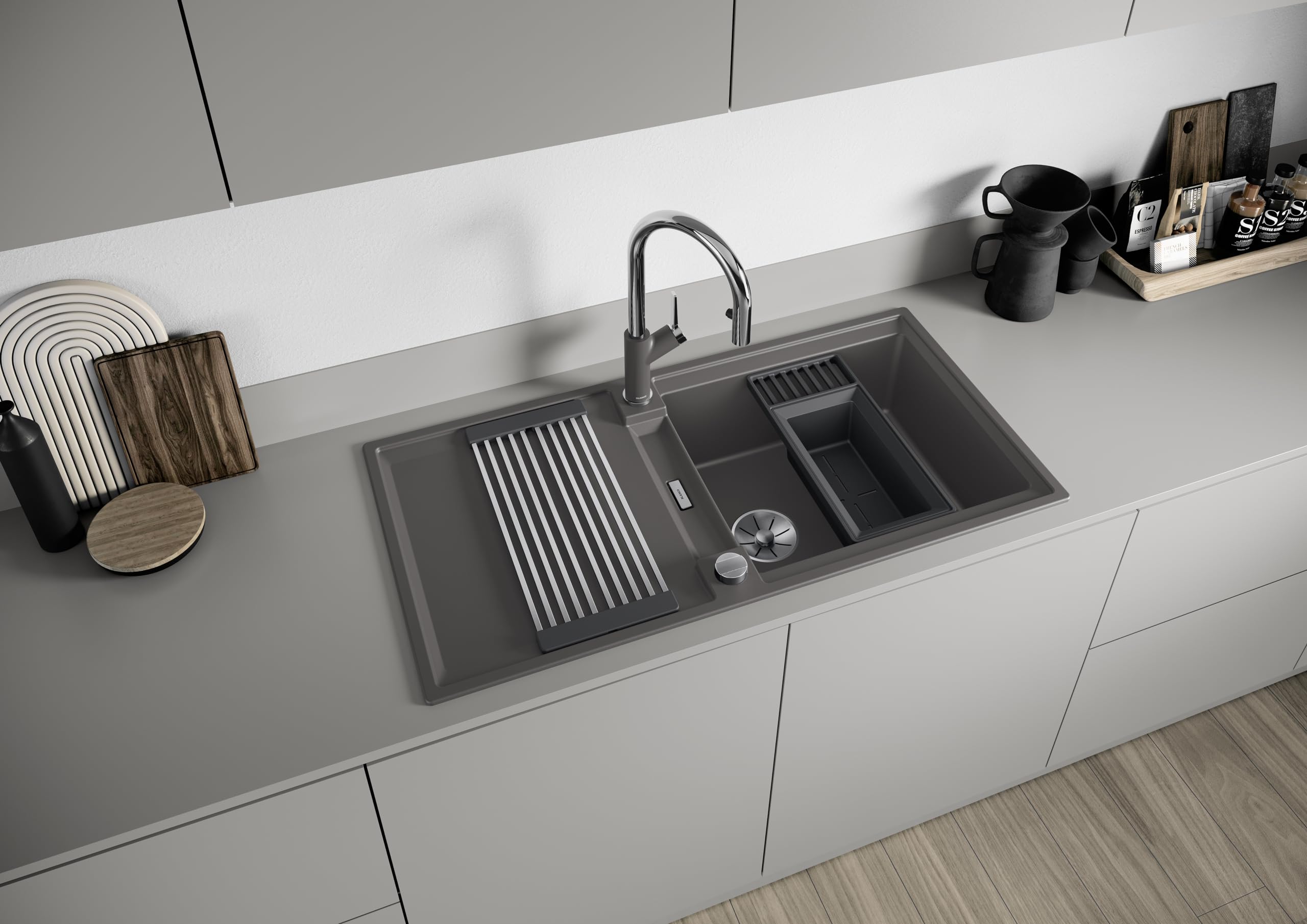 BLANCO Sink Drainer 2 en 1 | plástico negro gris | combinación multifuncional de marco y bandeja de resto con escurridor integrado | uso en todos los fregaderos Silgranit (40 cm de profundidad)