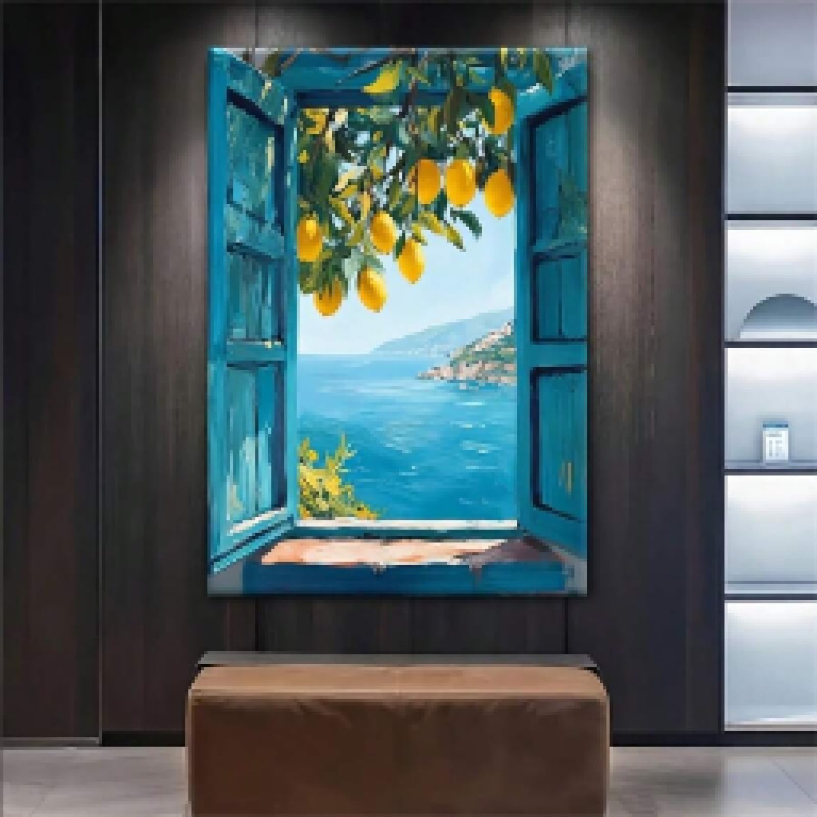 XBTYKPB Cuadros de pared con vistas al Mediterráneo, impresiones de limoneros costeros, lienzos, pósteres costeros, estética azul, 21 x 30 cm, con marco