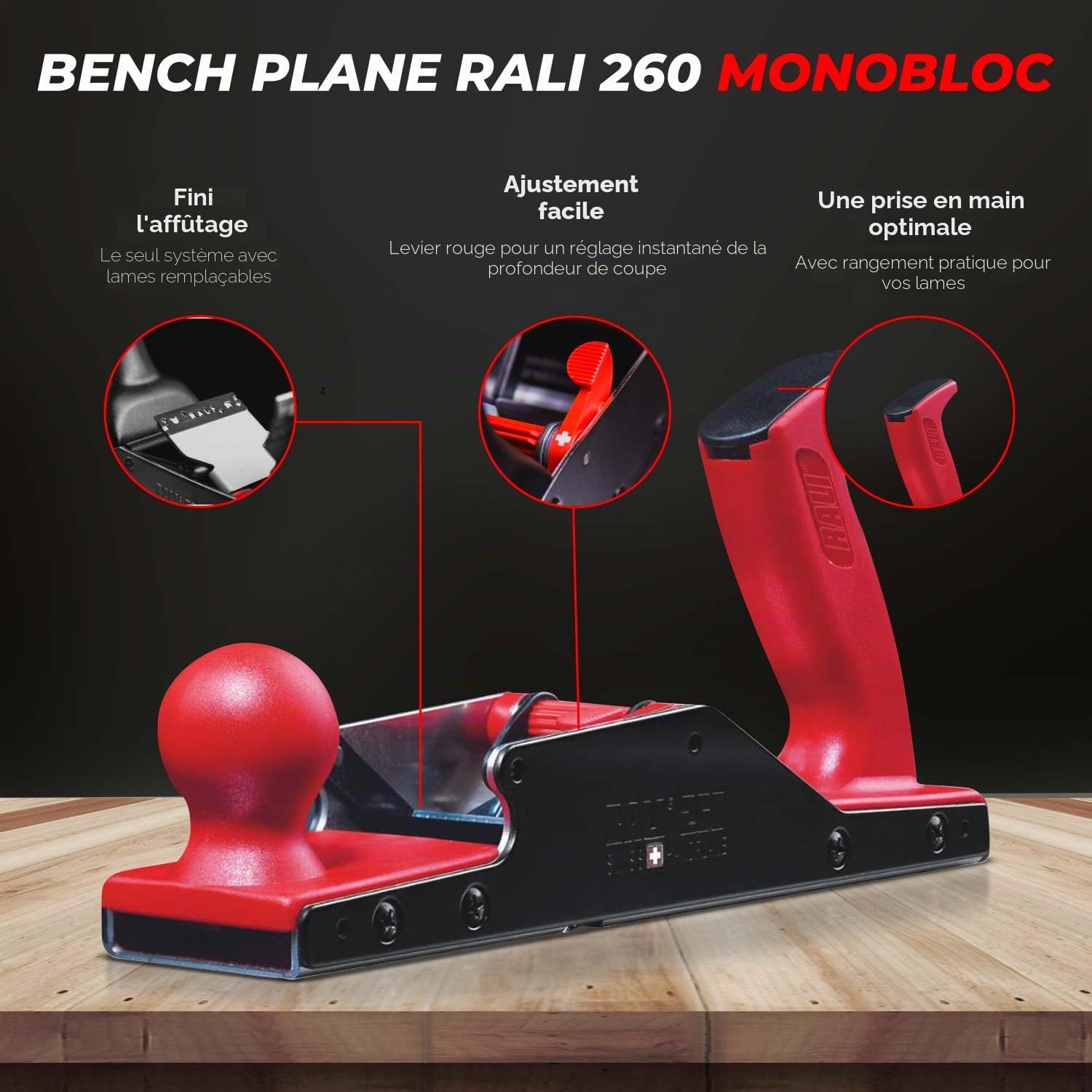 RALI 260 MONOBLOC : Rabot à Main pour Menuisier Sans Affutage, Réglage Ultra Rapide De La Lame | Rabot bois professionnel Suisse pour Menuisie | Toujours opérationnel