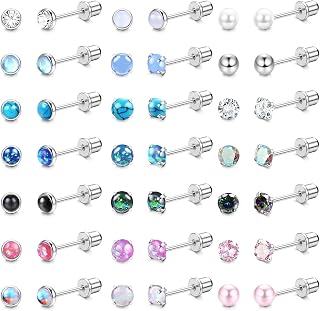 1 Pair Hypoallergenic Flat Earrings for Women Men Surgical Steel Screw Back Small CZ Opal Moonstone Turquoise Flat Back Earrings Studs Set Cartilage Piercing Jewelry