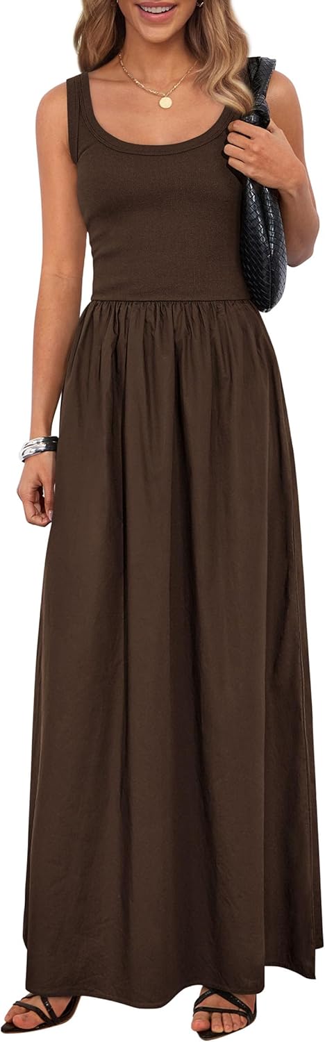 PRETTYGARDEN Womens Summer Casual Scoop Neck Sleeveless Long Dresses Tank Top Patchwork Aline Swing Maxi Dress with Pockets