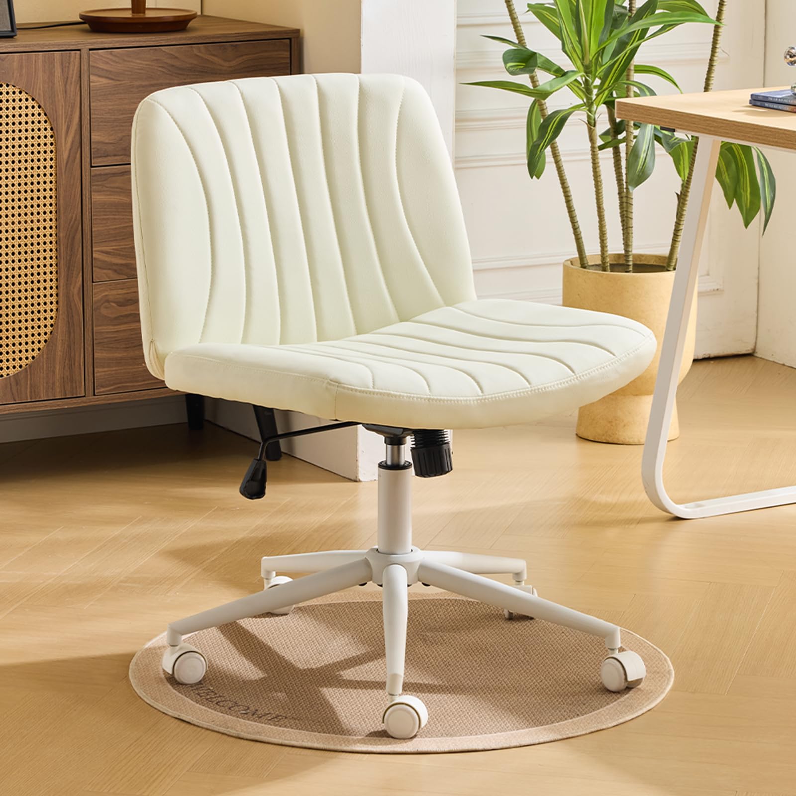 Bonnlo Cross Legged Office Chair with Dual-Purpose Base, Armless Wide Seat Criss Cross Swivel Vanity Chair, Height Adjustable Easy Clean Makeup Chair for Home Office Computer Task, PU Leather Beige