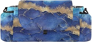 CUPADA Abstract Blue Golden Marble Universal Stroller Organizer, Glittering Style Stroller Organizer Bag with Cup Holders Removable Shoulder Strap Fits Most Baby and Pet Strollers