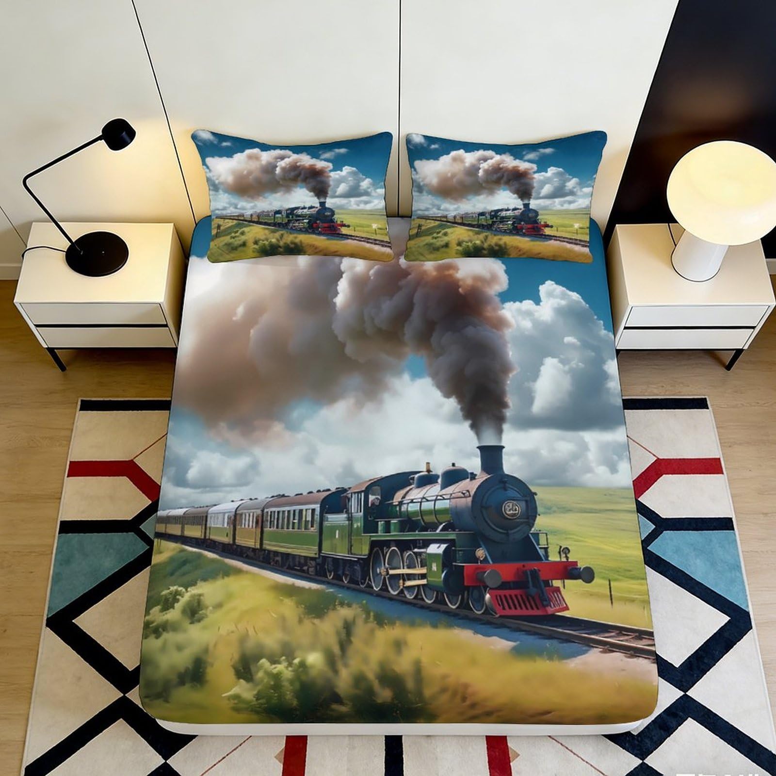 3D Printed Steam Train Journey Fitted Sheet Microfiber Soft Breathable Locomotive Bed Cover for Bedroom Decor 90x200x25cm