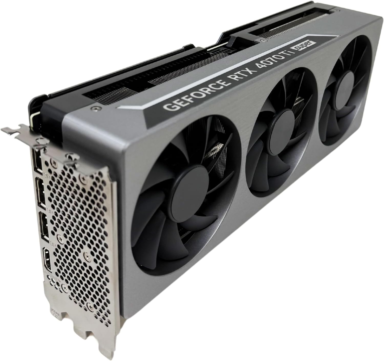 Angolat view of the Lenovo GeForce RTX 4070 Ti Super Graphics Card, showing fans and side profile