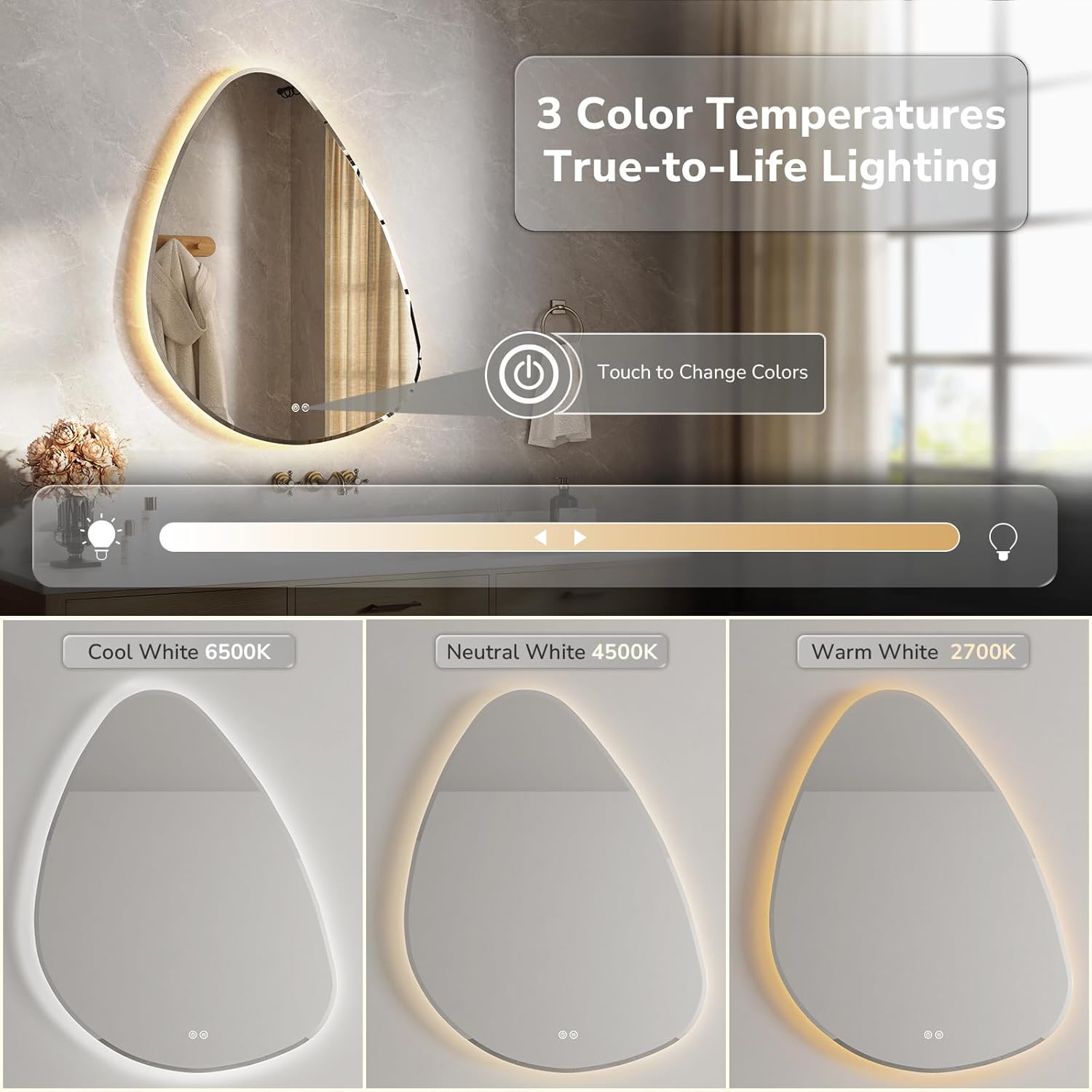 USHOWER LED Bathroom Mirror, 26"x32" Irregular Vanity Mirror with Lights for Bathroom, Backlit, Wall Mounted, Anti-Fog, 3 Colors and Dimmable Light, Horizontal/Vertical, Asymmetrical Decorative