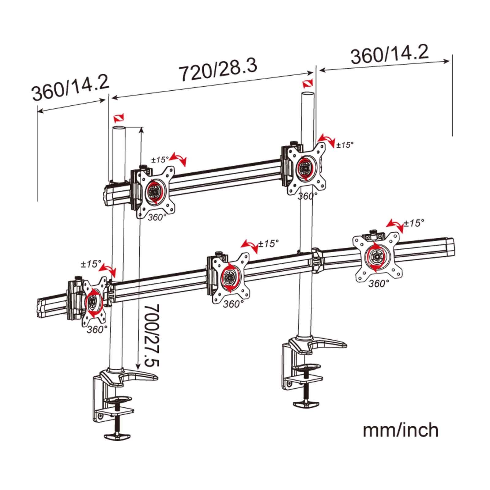 Hftek 5-Fach-Monitorarm - Tischhalterung für 5 Bildschirme von 15 – mit VESA 75/100 (MP235C-N) – Bild 2