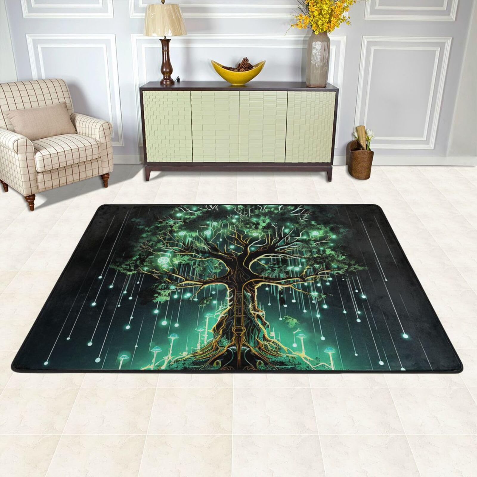 Grand tapis de sol doux motif arbre vert magique lavable pour bureau