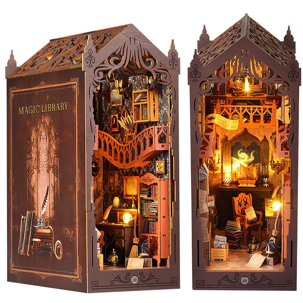 YANGUN DIY Book Nook Kit, 3D Wooden Puzzle Book Nook Kit, DIY Miniature Dollhouse Kit with LED Light, Model Kits for Adults to Build,Creative Bookends Building Model Kit Gift for Teens (Magic Library)