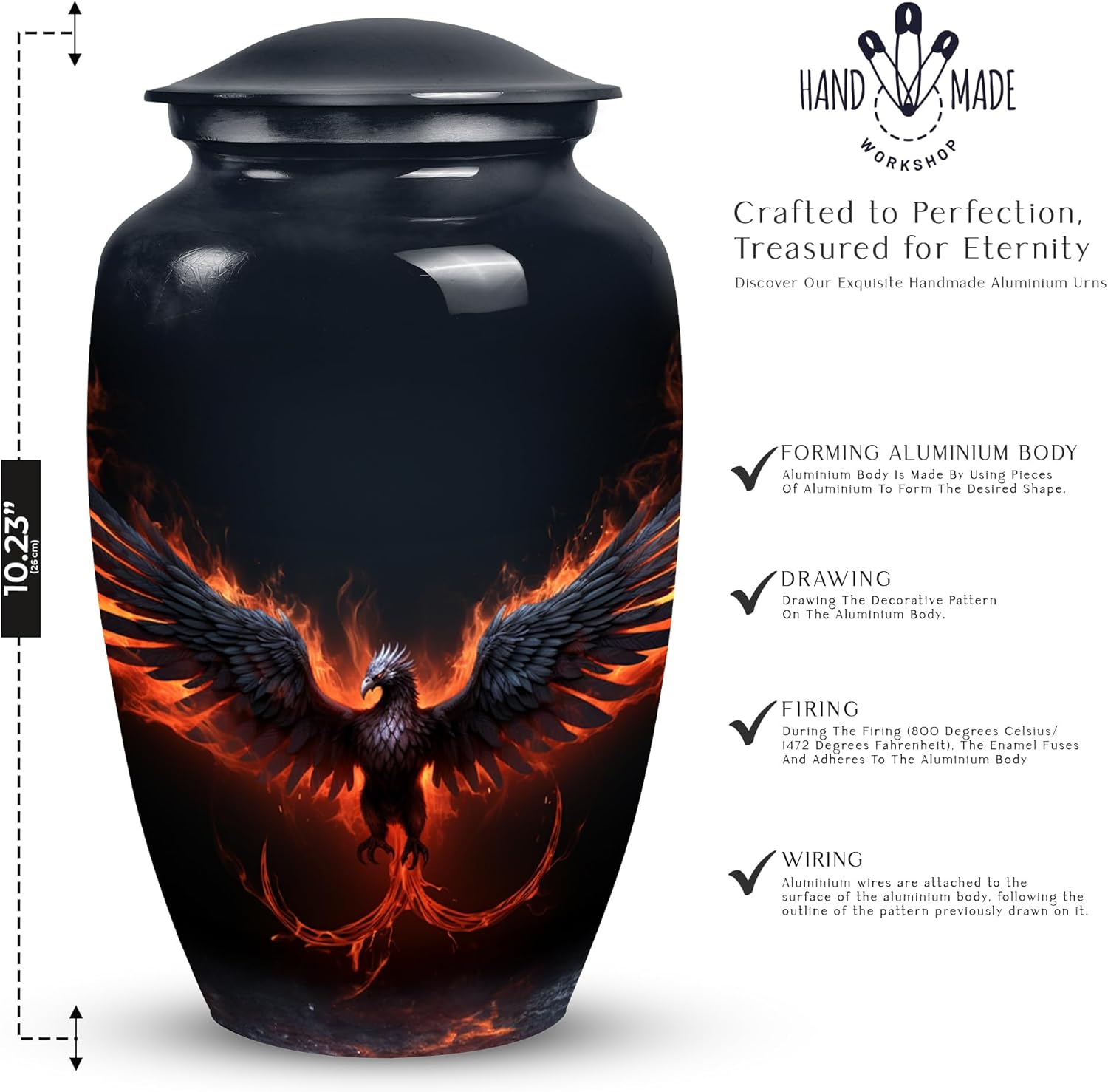 Black Phoenix Large Urn for Adult Ashes - Funeral Cremation Urns for Male & Female - Decorative Urn for Human Ashes - Remains Ashes Urn - Cremation Urn for Human Ashes, PAR-CLS-URN-171