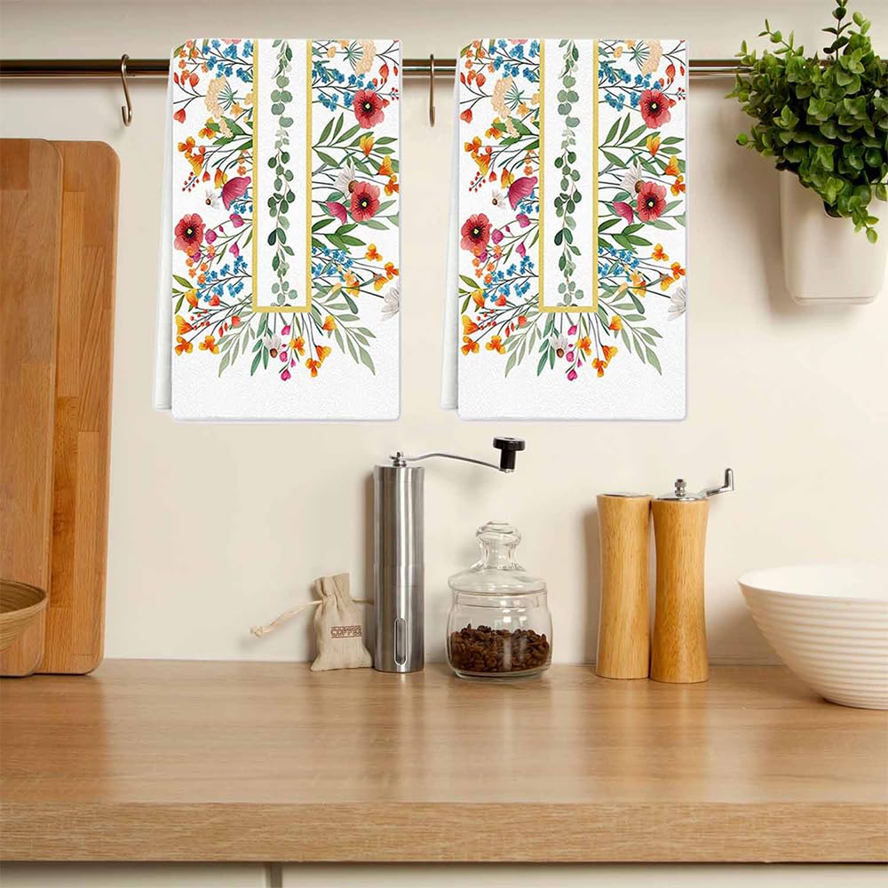 Torchons De Cuisine 40x60 Cm Lot De 2 - Motif Fleurs Jaunes, Microfibre Absorbante, Décoration Cadeau