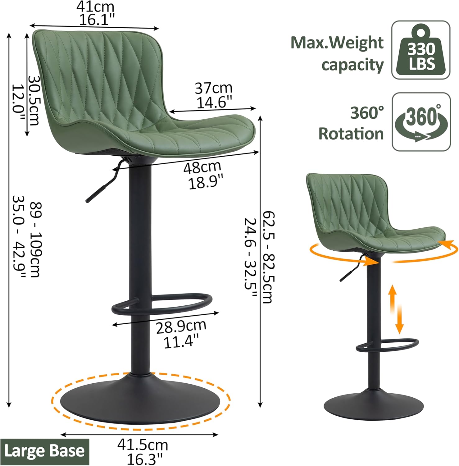 Finnhomy Bar Stools Set of 2, Modern 360° Swivel Faux Leather Bar Stools, 24"-32.5" Seat Height with Back, 330 lbs Capacity, SGS Gas Lift, Upholstered Kitchen Chairs for Kitchen Island, Green
